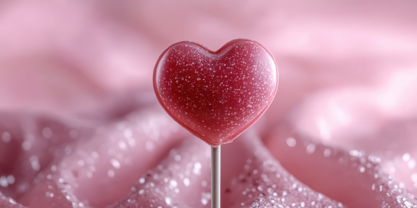 Sweet heart-shaped lollipop on a soft pink background with sparkling details during a festive celebration